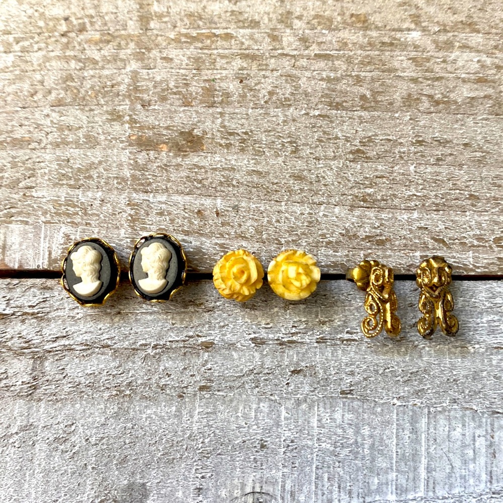 Vintage Multi Stud Earring Bundle With Cameo, Flower And Swirls